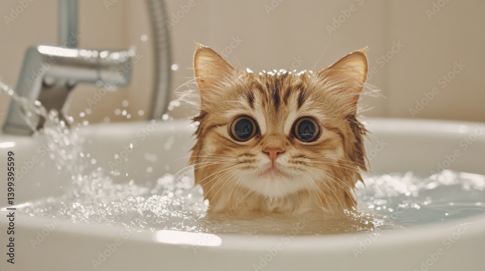 Poster a close-up of a cat sitting in a shallow bath with gentle water splashing around, showing its curiou
