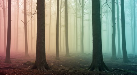 Obraz premium Misty Forest Scene with Colorful Hues Creates Dreamlike and Ethereal Mood
