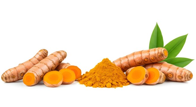 Close-up of Turmeric Root and Turmeric Powder  Natural Turmeric Plant Ingredients for Wellness Fresh Turmeric Roots with Powder and Leaves Organic Spices & Herbs