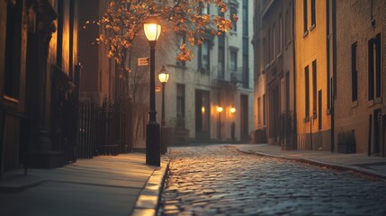 Obraz premium Quiet night stroll cobblestone street urban scene dimly lit eye-level perspective serene glow