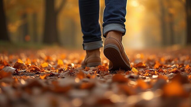 P&eacute;s de um homem cal&ccedil;ado, pisando sobre folha de outono
