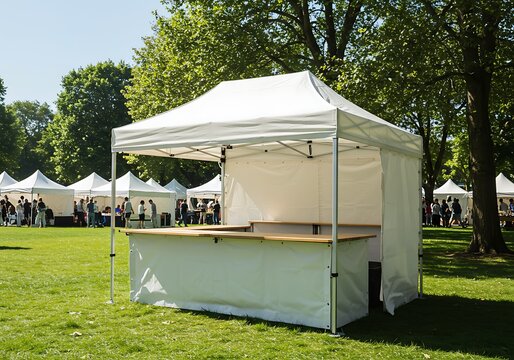 Setting Up White Tent at Outdoor Event on Sunny Day