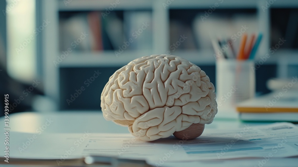 Aufkleber A close-up of a human brain model, with intricate details visible and placed next to educational materials, emphasizing its role in cognitive functions.