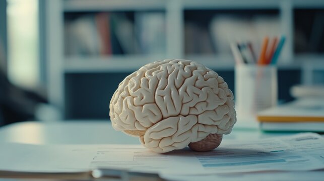 A close-up of a human brain model, with intricate details visible and placed next to educational materials, emphasizing its role in cognitive functions.