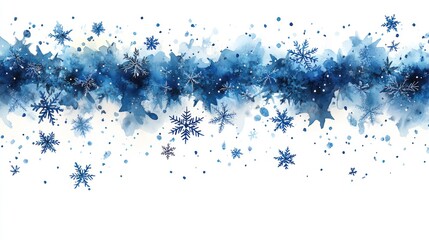 Watercolor winter banner with snowflakes and blue splatters.