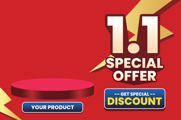 01.01 Special Offer Sale Banner with Product Display Stage and Discount Button on Red Background