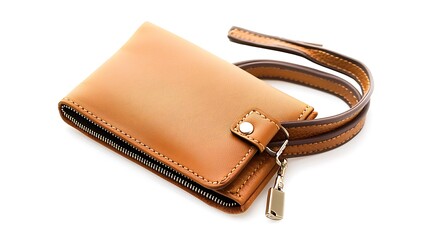 Tan leather wallet with a zipper and a gold clasp