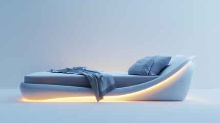 Modern minimalist bed design with soft ambient lighting in a serene indoor setting