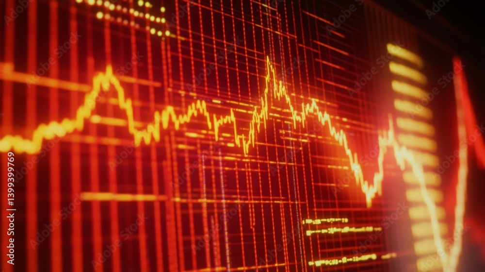 Poster a close-up of a stock market chart with fluctuating lines and candlestick patterns on a computer scr