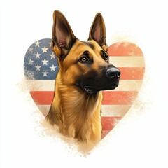 German Shepherd Dog Portrait with American Flag Heart Background
