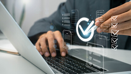 Document Review and Quality Control Concept. Project approval concepts, Document with a checkmark, quality assurance,  auditing, compliance, verification, online survey question form