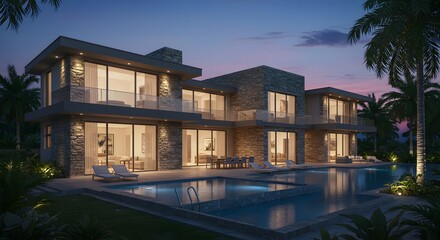 Luxury Modern Villa Design Nighttime Rendering of a Stunning Waterfront Estate