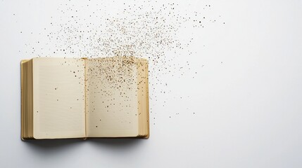 Open book releasing particles of inspiration on a white surface during daylight