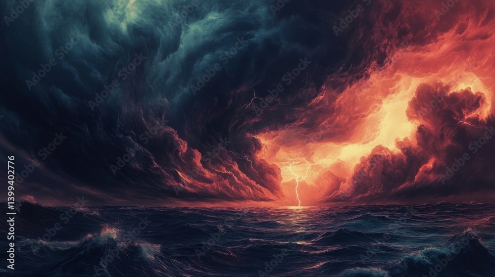 Poster a dramatic image of a powerful storm brewing over the ocean, with dark, swirling clouds and lightnin