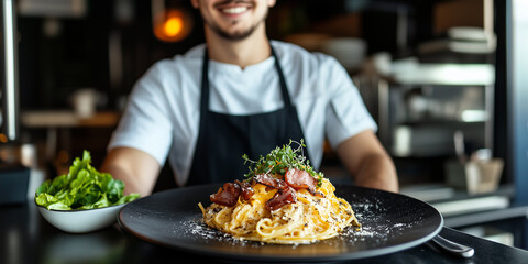 Eine Gourmet-Pr&auml;sentation von Spaghetti alla Carbonara auf einem eleganten, dunklen Teller. Die Pasta ist elegant gedreht, mit knusprigem Pancetta und einer reichhaltigen, gl&auml;nzenden K&auml;sesauce garnier