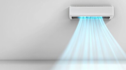 White air conditioner mounted on a wall, blowing cool air.