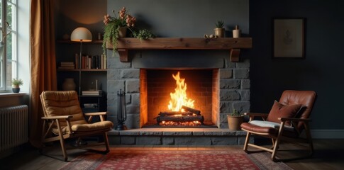 Realistic wispy smoke rising from a crackling fireplace in a cozy room, warm glow, fireplace, fire