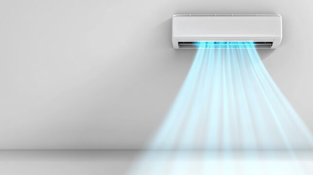 White air conditioner mounted on a wall, blowing cool air.