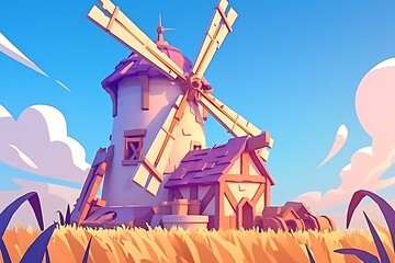 Cartoon Windmill Farm Scene