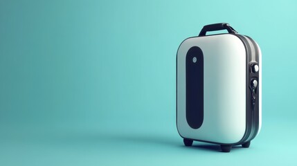White carry-on suitcase on a light blue background.
