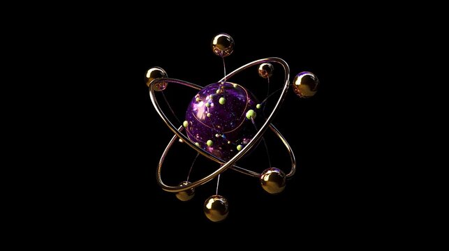 Atom model illustration rendering science education physics chemistry particle orbit nucleus gold purple
