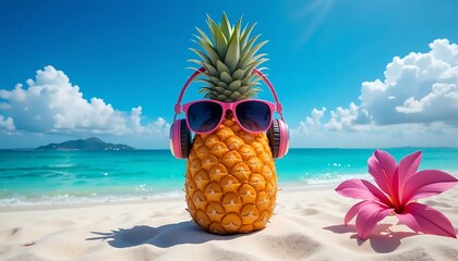 A pineapple wearing sunglasses and headphones sits on a sandy beach. 