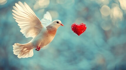 Fototapeta premium White dove in flight carrying a red heart.