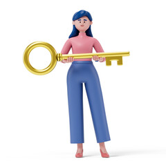 A 3D people holds a golden key, symbolizing success and achievement. 3D rendering, conceptual image. Isolated on white background.