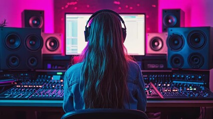 A woman in a music studio, immersed in sound production. - Powered by Adobe
