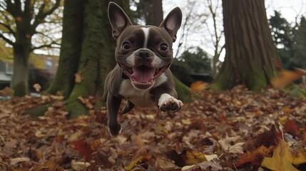 Naklejka premium Joyful Boston Terrier Leaping Through Autumn Leaves