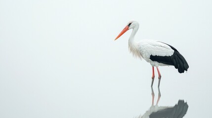 Fototapeta premium Elegant stork standing on calm water reflection in misty atmosphere at dawn
