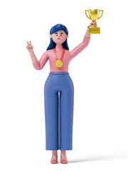 woman with a gold medal and trophy, symbolizing victory and achievement. 3D rendering, conceptual image. Isolated on white background.