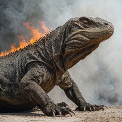 Fototapeta premium A Komodo dragon with a fire-breathing effect, as if a mythical beast, on a white background.