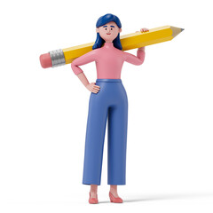 woman holding a giant pencil, symbolizing creativity or writing. 3D rendering, conceptual image. Isolated on white background.