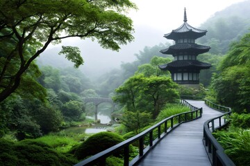 Wooden path leading to pagoda in misty japanese garden