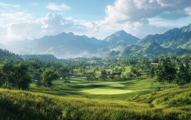 Obraz premium Scenic golf course nestled amidst mountains. Lush green landscape with fairways, trees, and rolling hills. Tranquil valley scene under a partly cloudy sky