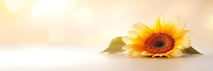 Obraz premium Radiant sunflower lying on surface with blurred golden bokeh background for design
