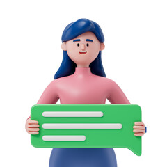 woman holding a speech bubble, symbolizing communication or announcement. 3D rendering, conceptual image. Isolated on white background.