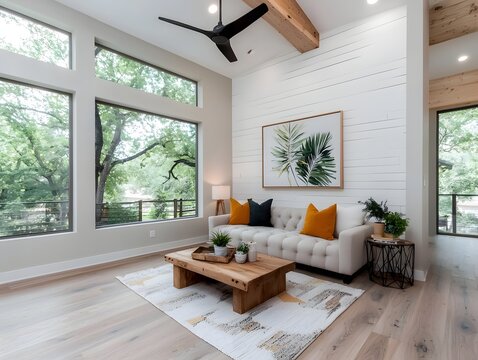 Cozy and inviting farmhouse inspired living room with a neutral color palette plush button tufted sofa shiplap accent wall rustic wooden furniture and natural lighting streaming through large windows