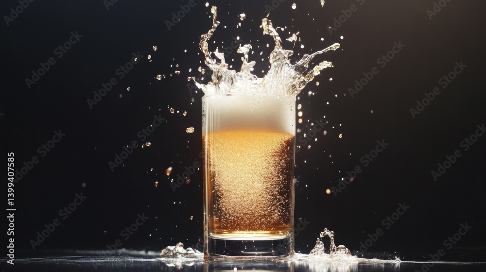 Poster A high-quality image of a beer glass with a splash of beer being poured, creating dynamic movement and emphasizing the refreshing quality of the drink.