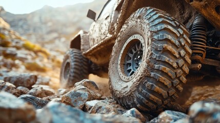 A close-up of a rock car's rugged tires and suspension, navigating over large rocks 