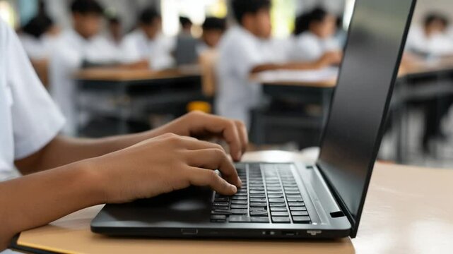Close up of Boy's Hands Typing on Laptop in High School Classroom Generative AI