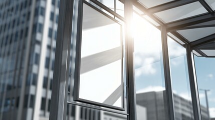 Obraz premium Close-up of a blank white billboard over a bus stop, bright morning sky, modern architecture, urban clarity