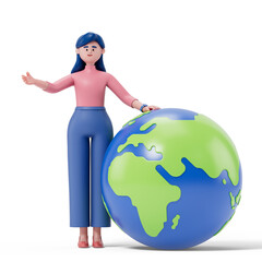 woman presenting a globe, symbolizing global outreach or international business. 3D rendering, conceptual image. Isolated on white background.