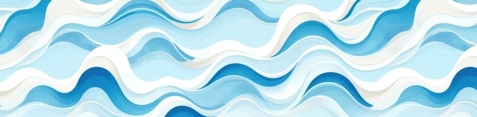 Stylized marine seamless pattern featuring wavy elements in shades of blue and white on a light grey or beige backdrop, wave patterns, oceanic design