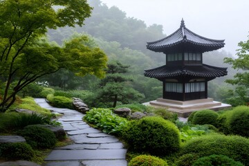 Fototapeta premium Stone path leading to a pagoda in a misty zen garden