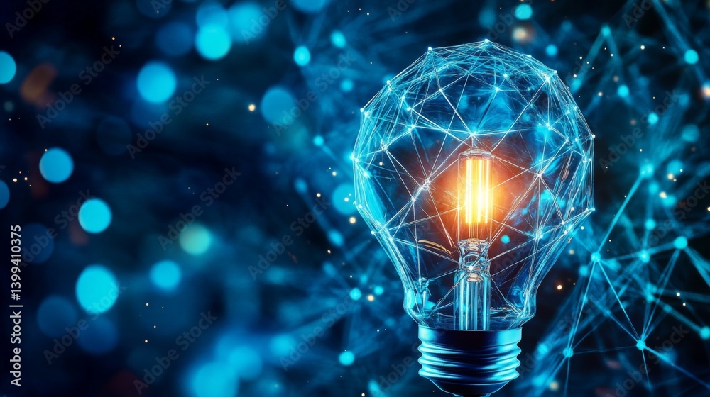 Poster A high-resolution image of a light bulb with a glowing filament, symbolizing a bright new idea or breakthrough concept against a dark background.