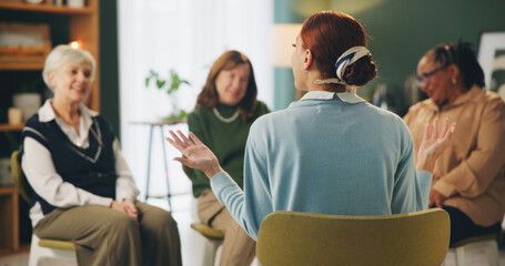 Group therapy, counseling and women with therapist for support, psychology and discussion of mental...