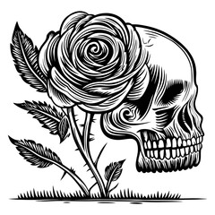 Obraz premium Skull with Rose in Elegant Black and White Illustration Design