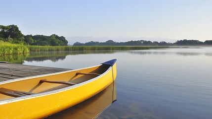Obraz premium Peaceful morning scene with a yellow canoe docked at a lakeside pier.